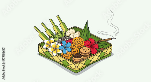Balinese Offering Basket with Flowers, Food, and Incense