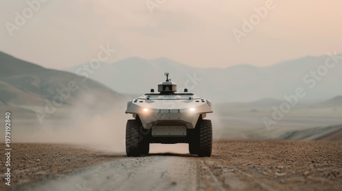 An unmanned combat vehicle patrols a deserted battlefield with AI-driven surveillance, showcasing futuristic military technology and autonomous warfare capabilities.