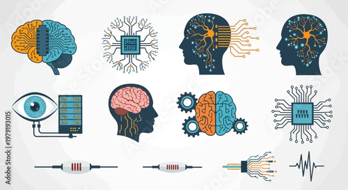 Brain and technology icons illustrate human mind with gears and circuits.
