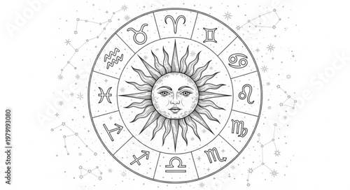 Astrology Zodiac Wheel Sun Face Constellations.