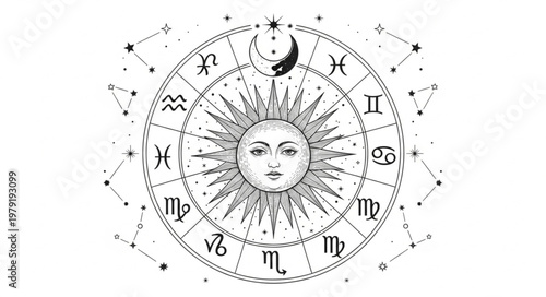 Astrology Zodiac Wheel Sun Face Crescent Moon Stars.