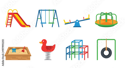 Colorful playground equipment and toys isolated on a white background