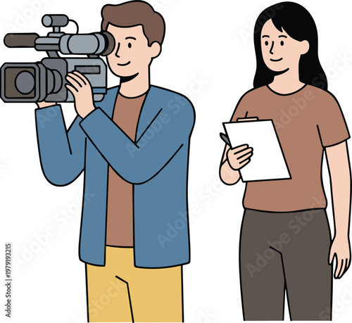 Vector illustration of journalist and cameraman working together in media and reporting context