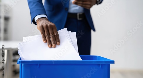 A person in a blue suit is discarding papers into a blue recycling bin, promoting office recycling and paper waste management.