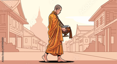 Buddhist monk in orange robes walks with alms bowl through traditional village at dawn