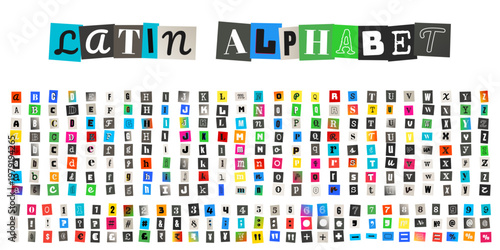 Ransom note style cutout alphabet letters and numbers for anonymous message collage