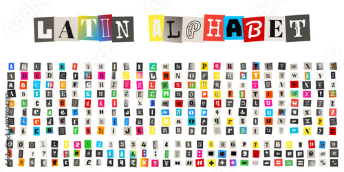 Ransom Note Style Latin Alphabet Letters and Numbers, Anonymous Threat Message Typography, Cutout Magazine Font