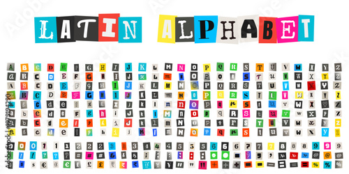Ransom Note Style Latin Alphabet Letters and Numbers for Anonymous Message Design