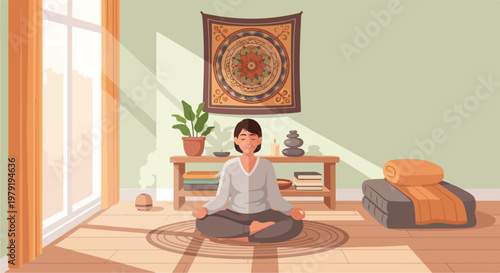 Woman Practicing Yoga in Serene Room.