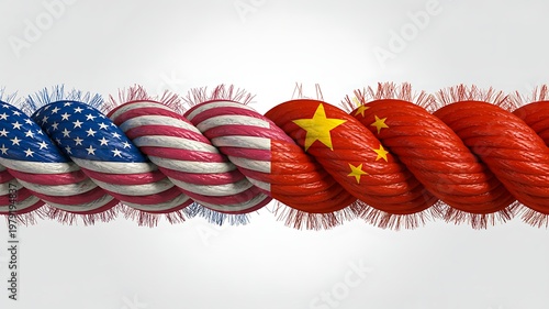 Twisted rope with united states and china flag symbolizing trade conflict and economic tension