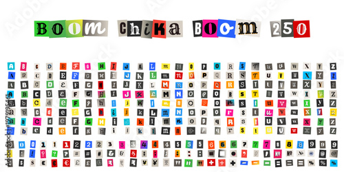 Anonymous ransom note collage kit with cutout letters and numbers for true crime podcast design