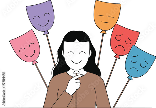 Vector illustration of person holding smiling mask with multiple emotional masks behind