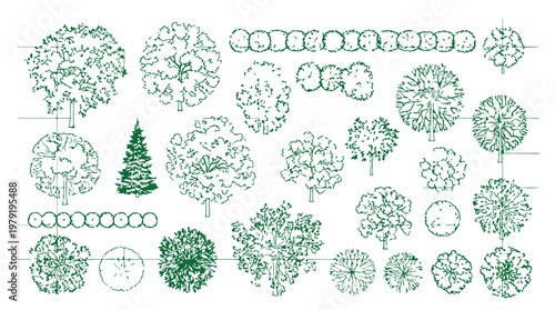 Top View Landscape Architecture Symbols and Tree Plan Vector Set for Garden Design