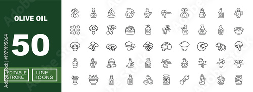 Olive Oil set of web icons in line style. Containing Olives, Bottle, Drop, Pitcher, Cruet, Branch, Soap, Lotion, Bowl, Mushroom, Skewer, Glass, Jar, Leaf and Oil and more. Editable stroke icons 