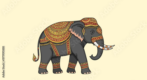 Decorated Elephant Walking Side View, Indian Culture, Majestic Animal