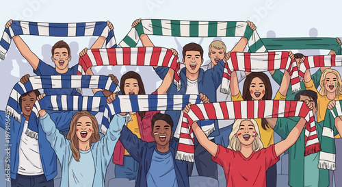 Diverse Crowd Cheering with Colorful Scarves at Sports Event