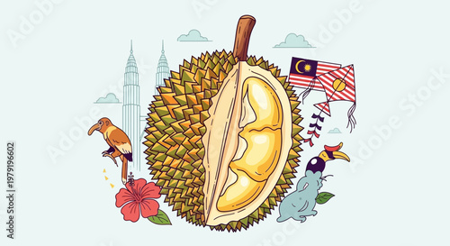 Durian Fruit Slice, Malaysia Landmarks, Kite, Bird, Flower Illustration