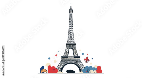 Eiffel Tower Illustration with French Symbols and Colors
