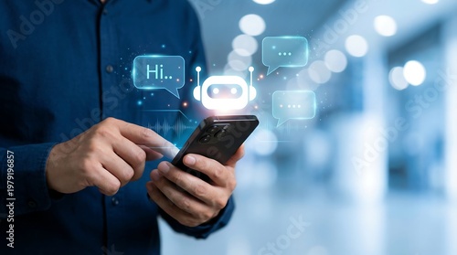 A person's hands are holding and interacting with a smartphone, displaying a glowing chatbot icon and conversational 