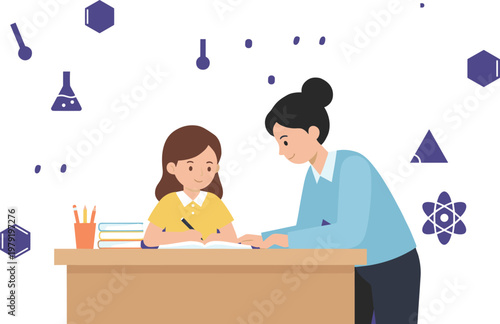 Vector illustration of student and teacher at desk with science icons in educational background