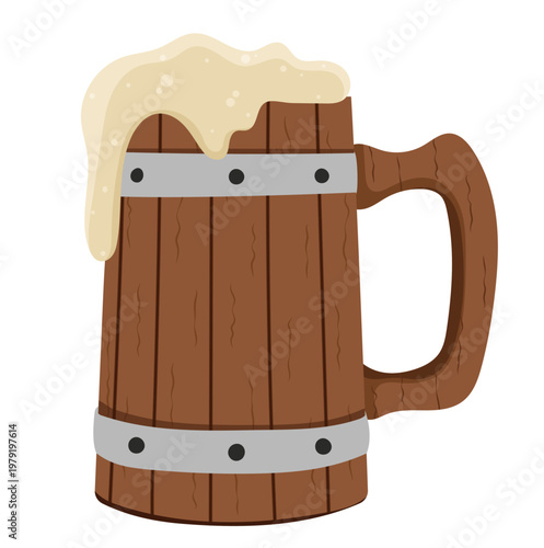 Wooden Beer Mug with Beer Foam Illustration Isolated on White Background