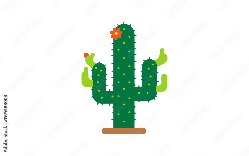 Fototapeta premium Cartoon cactus with orange flower and red fruit on white background