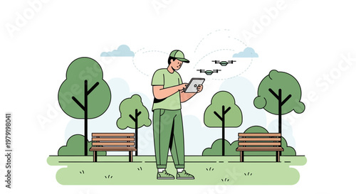 Man controlling drones with tablet in park, aerial photography concept