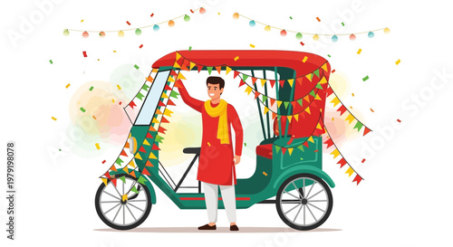 Man Decorating Auto Rickshaw with Festive Garlands and Confetti, Celebration