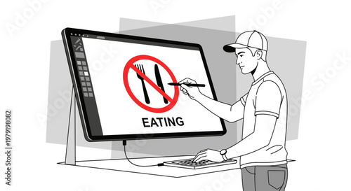 Man drawing 'no eating' sign on computer screen, concept of healthy lifestyle