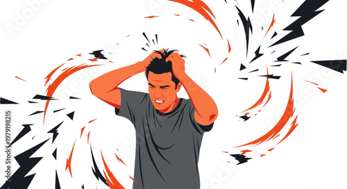 Man in distress, holding head with hands, surrounded by chaotic energy bursts, symbolizing stress and mental turmoil.