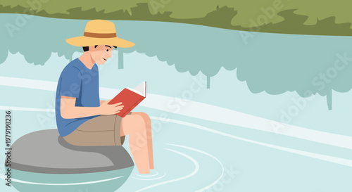 Man in hat reading book on rock in water, enjoying peaceful summer day outdoors