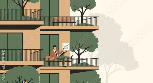 Man on balcony holding chart, urban green living, sustainable city