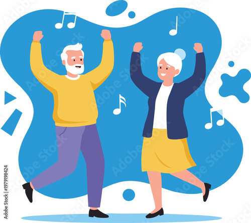 Vector illustration of two older adults dancing joyfully with musical notes in cheerful atmosphere