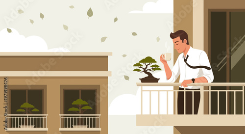 Man on balcony with bonsai tree, enjoying fresh air and autumn leaves falling