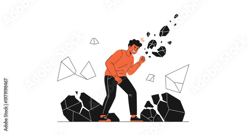 Man overwhelmed by falling rocks, stress, pressure, and mental breakdown concept