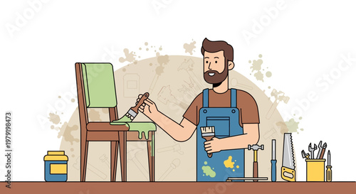 Man painting a chair green, DIY furniture restoration, home improvement, hobby