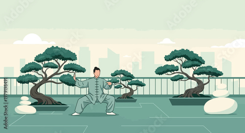 Man practicing Tai Chi on a rooftop with bonsai trees and city skyline