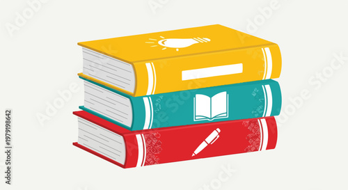 Stack of Colorful Books with Symbols.