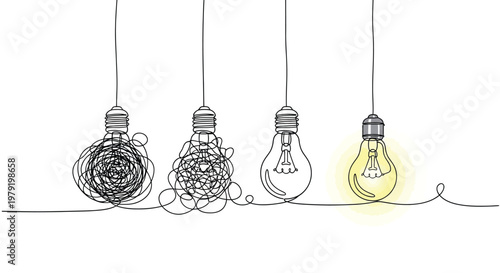 Quadro su tela Creative Idea Concept Continuous Line Art of Light Bulbs Evolving to a Bright On