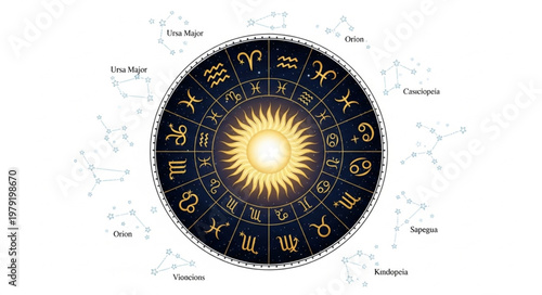 Astrology Zodiac Wheel with Sun and Symbols.