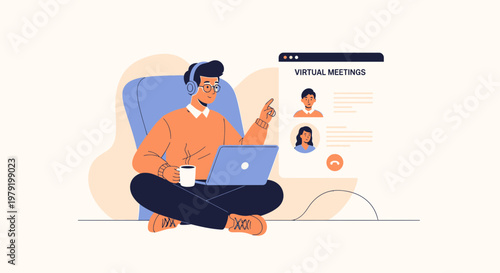 Man with headphones on laptop attending virtual meeting, remote work concept