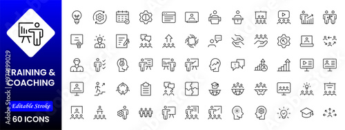 Training and coaching line icons collection. Big UI icon set in a flat design. Thin outline icons pack. Vector illustration