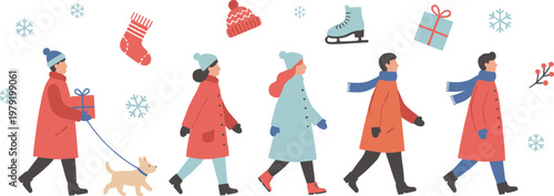 Vector illustration of winter holiday scene with people, dog, gifts, and seasonal decorations