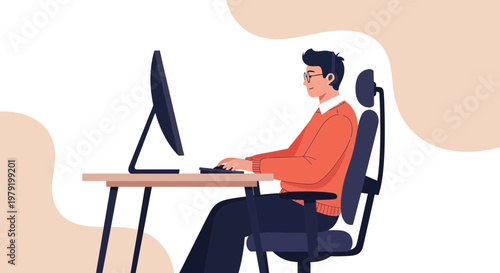 Man working on computer at desk, ergonomic chair, modern office, remote work, flat design
