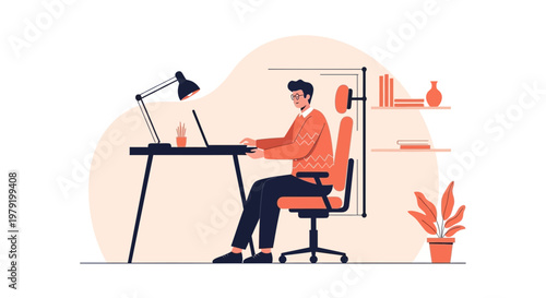 Man Working on Laptop at Desk with Lamp and Plant in Modern Office