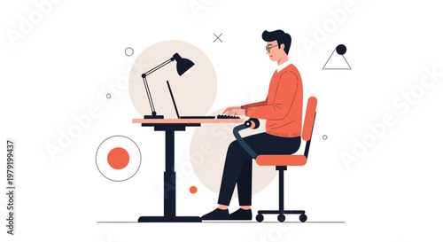Man working on laptop at desk, ergonomic setup, modern home office, focused employee