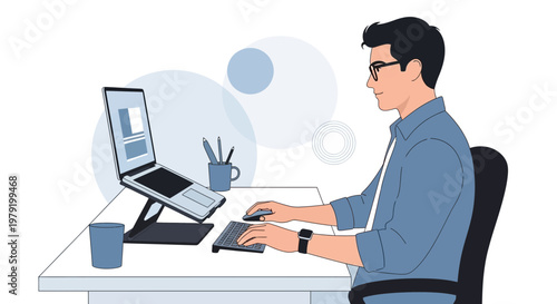 Man working on laptop at desk, modern home office setup, focused professional