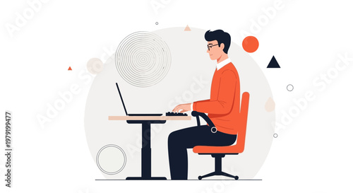 Man Working on Laptop at Desk, Modern Office, Digital Illustration