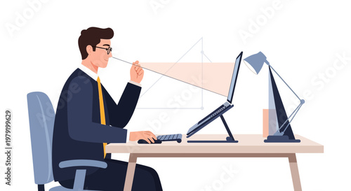 Man working on laptop, eye strain concept, ergonomic desk setup