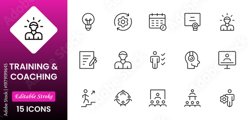 Training and coaching line icons collection. Big UI icon set in a flat design. Thin outline icons pack. Vector illustration